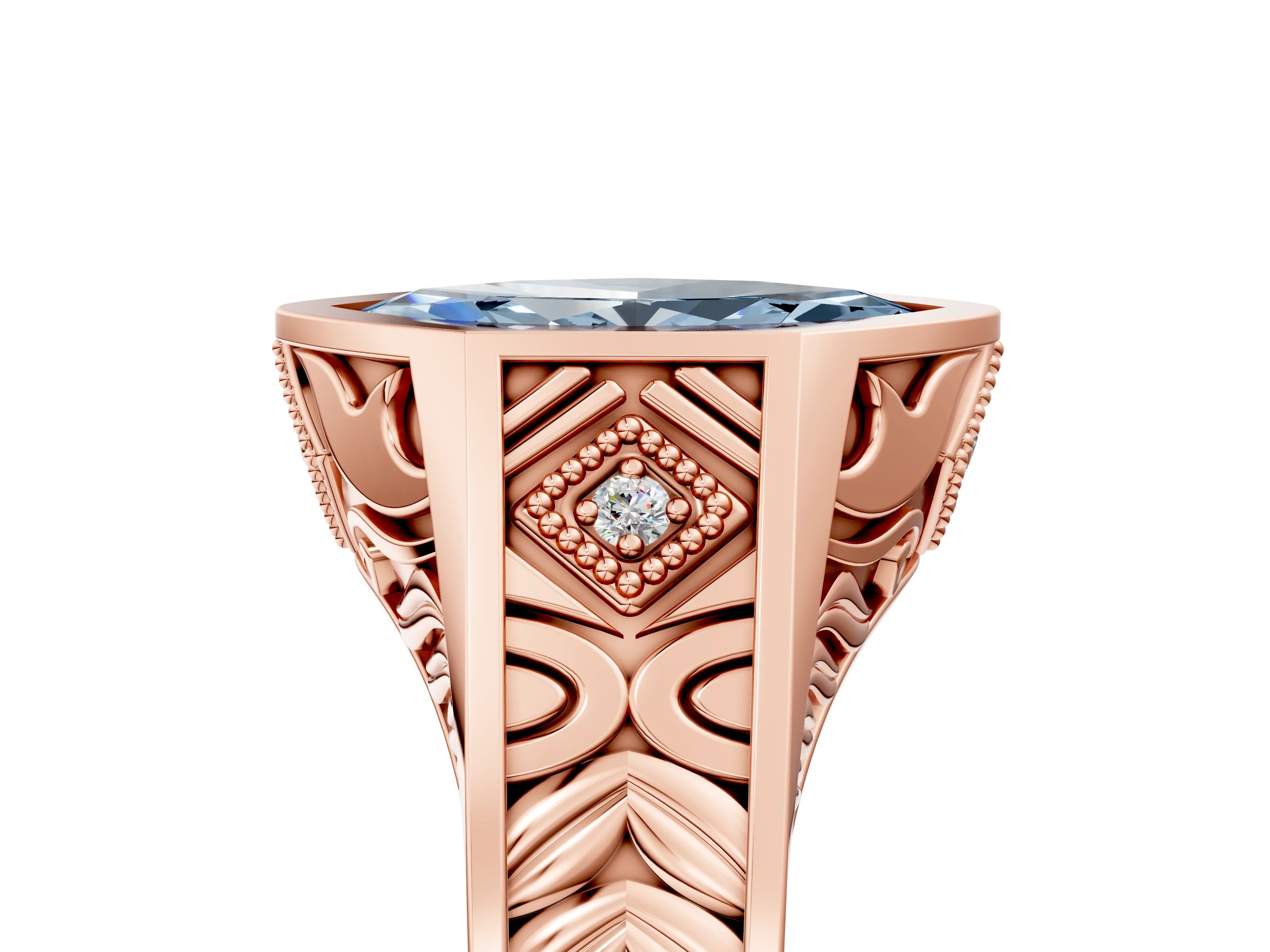 Rose gold Hexagonal Bezel Fancy Blue Marquise Cut Diamond Engraved Band Prong Ring_5