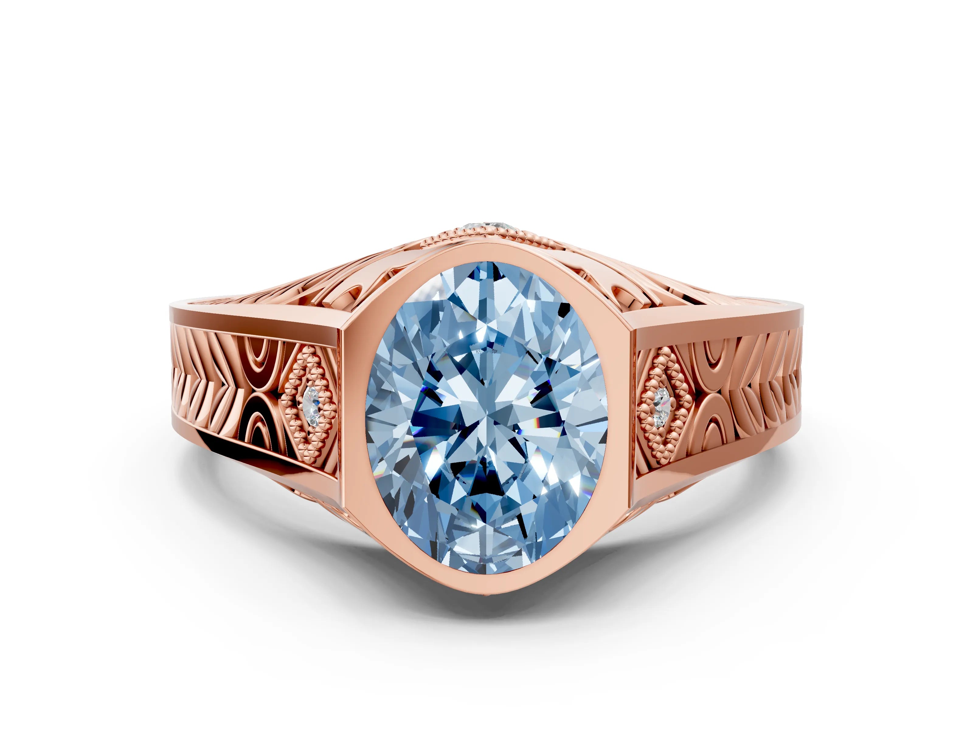 Rose gold Hexagonal Bezel Fancy Blue Oval Cut Diamond Engraved Band Prong Ring