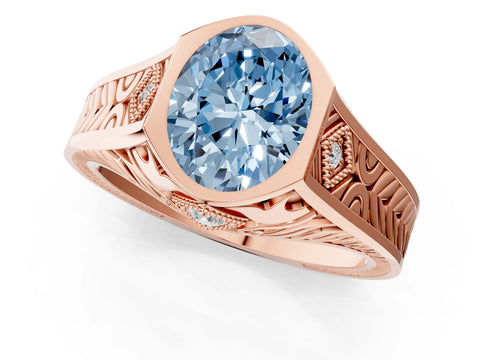 Rose gold Hexagonal Bezel Fancy Blue Oval Cut Diamond Engraved Band Prong Ring_1