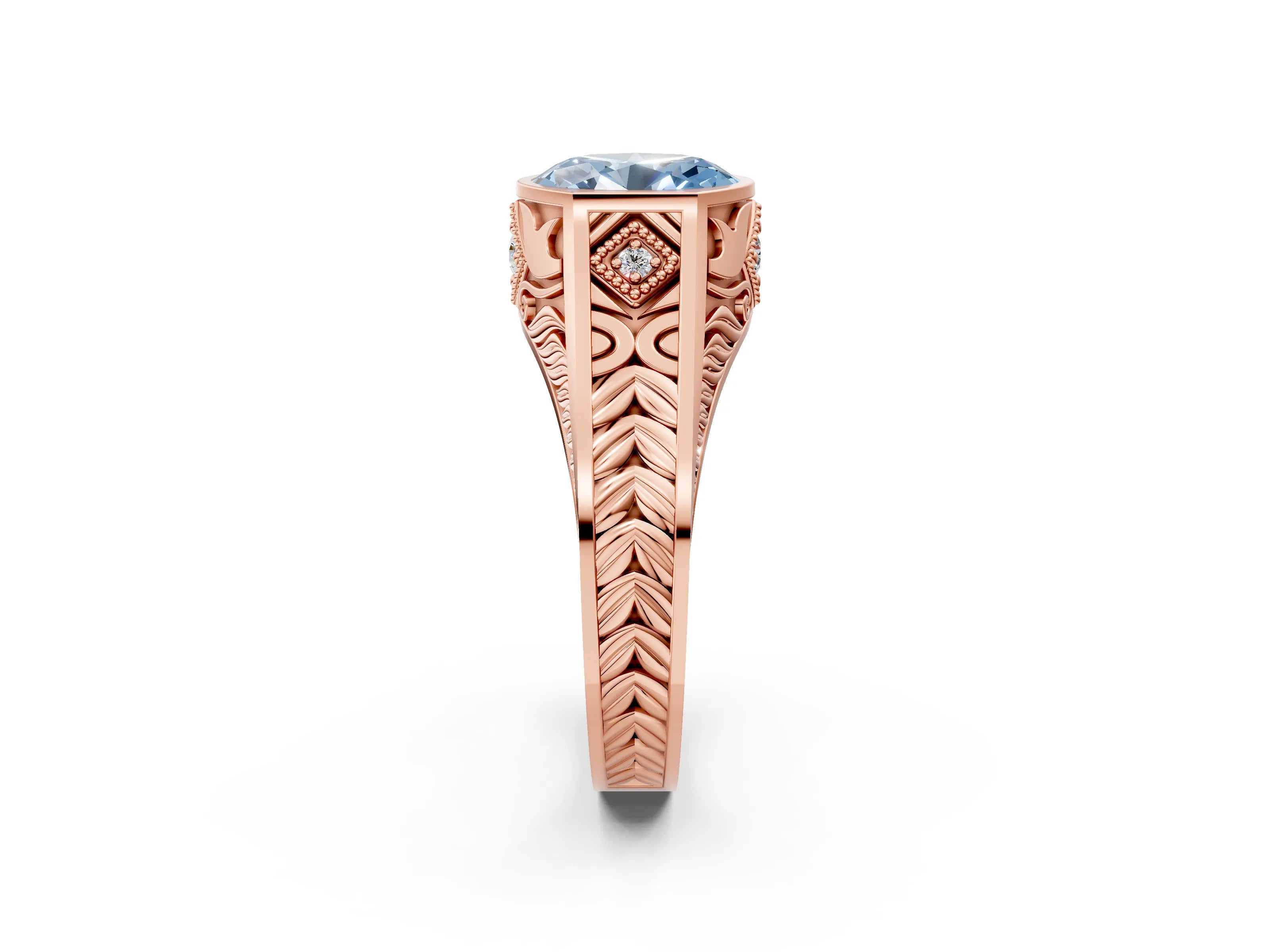 Rose gold Hexagonal Bezel Fancy Blue Oval Cut Diamond Engraved Band Prong Ring_2