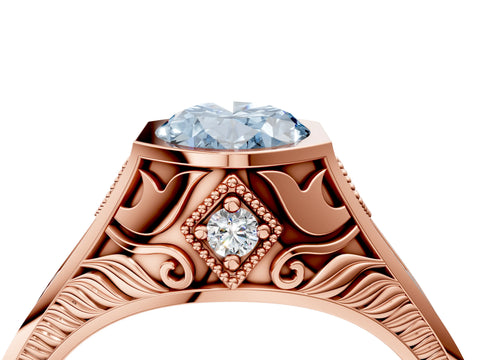 Rose gold Hexagonal Bezel Fancy Blue Oval Cut Diamond Engraved Band Prong Ring_4