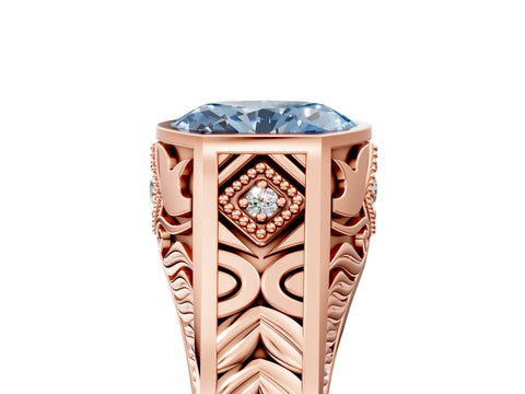 Rose gold Hexagonal Bezel Fancy Blue Oval Cut Diamond Engraved Band Prong Ring_5