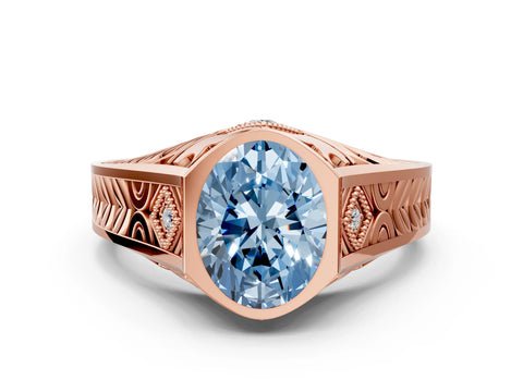 Rose gold Hexagonal Bezel Fancy Blue Oval Cut Diamond Engraved Band Prong Ring