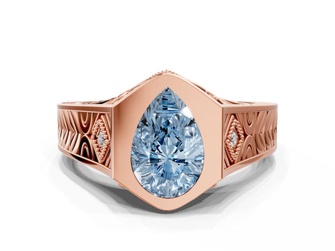 Rose gold Hexagonal Bezel Fancy Blue Pear Cut Diamond Engraved Band Prong Ring_12
