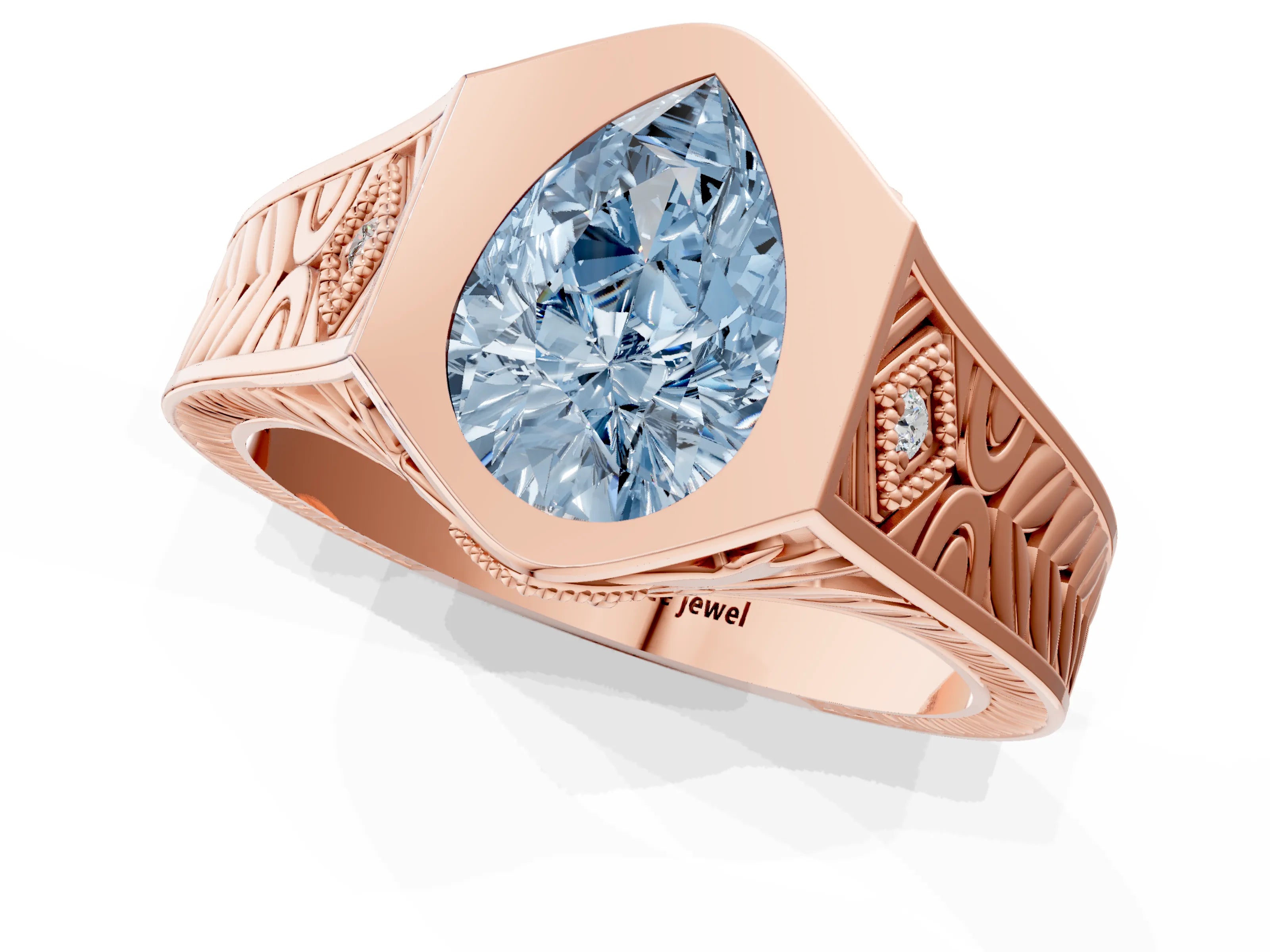 Rose gold Hexagonal Bezel Fancy Blue Pear Cut Diamond Engraved Band Prong Ring_13