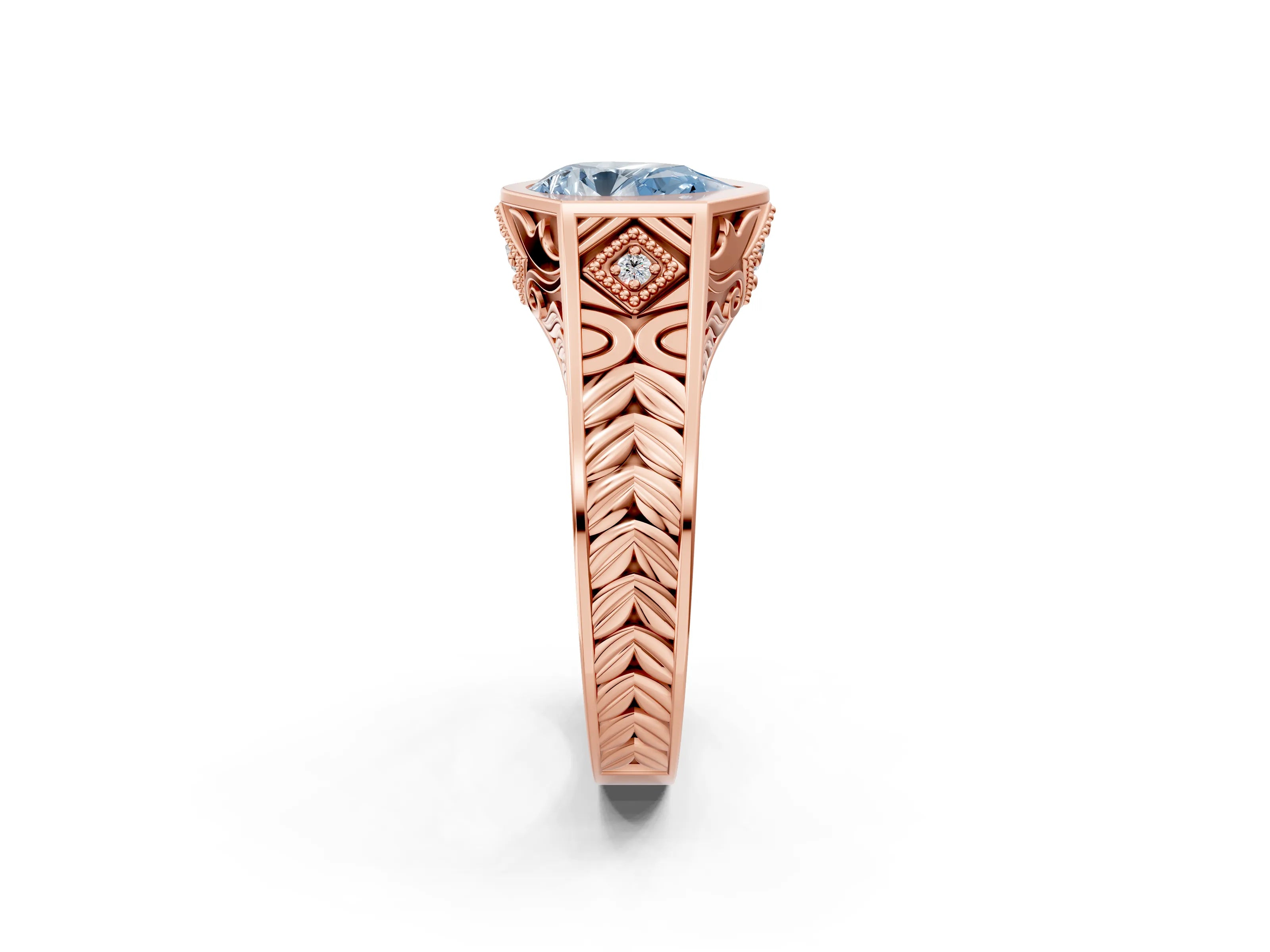 Rose gold Hexagonal Bezel Fancy Blue Pear Cut Diamond Engraved Band Prong Ring_14
