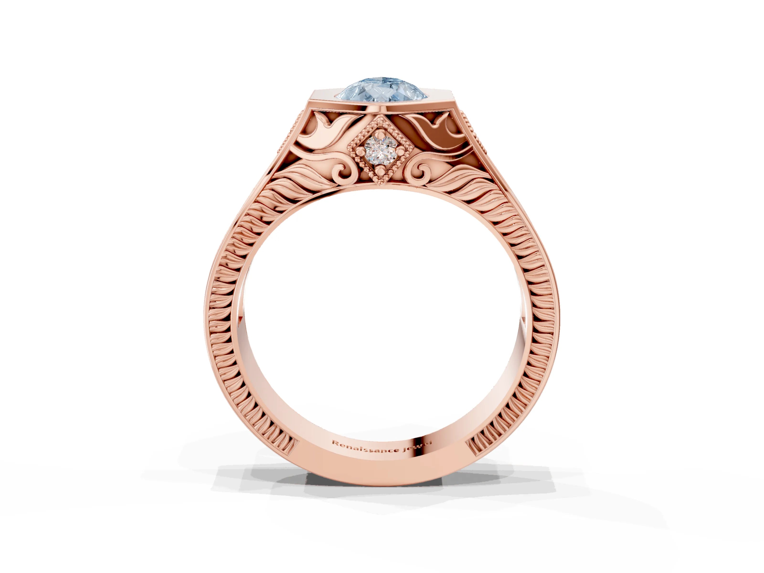 Rose gold Hexagonal Bezel Fancy Blue Pear Cut Diamond Engraved Band Prong Ring_15