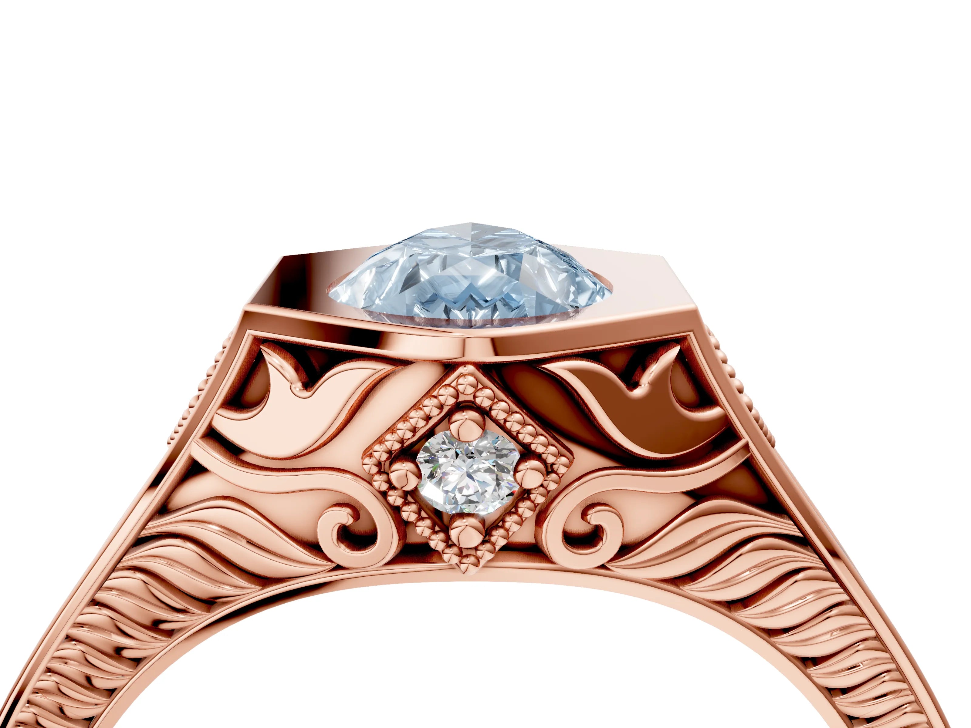 Rose gold Hexagonal Bezel Fancy Blue Pear Cut Diamond Engraved Band Prong Ring_16