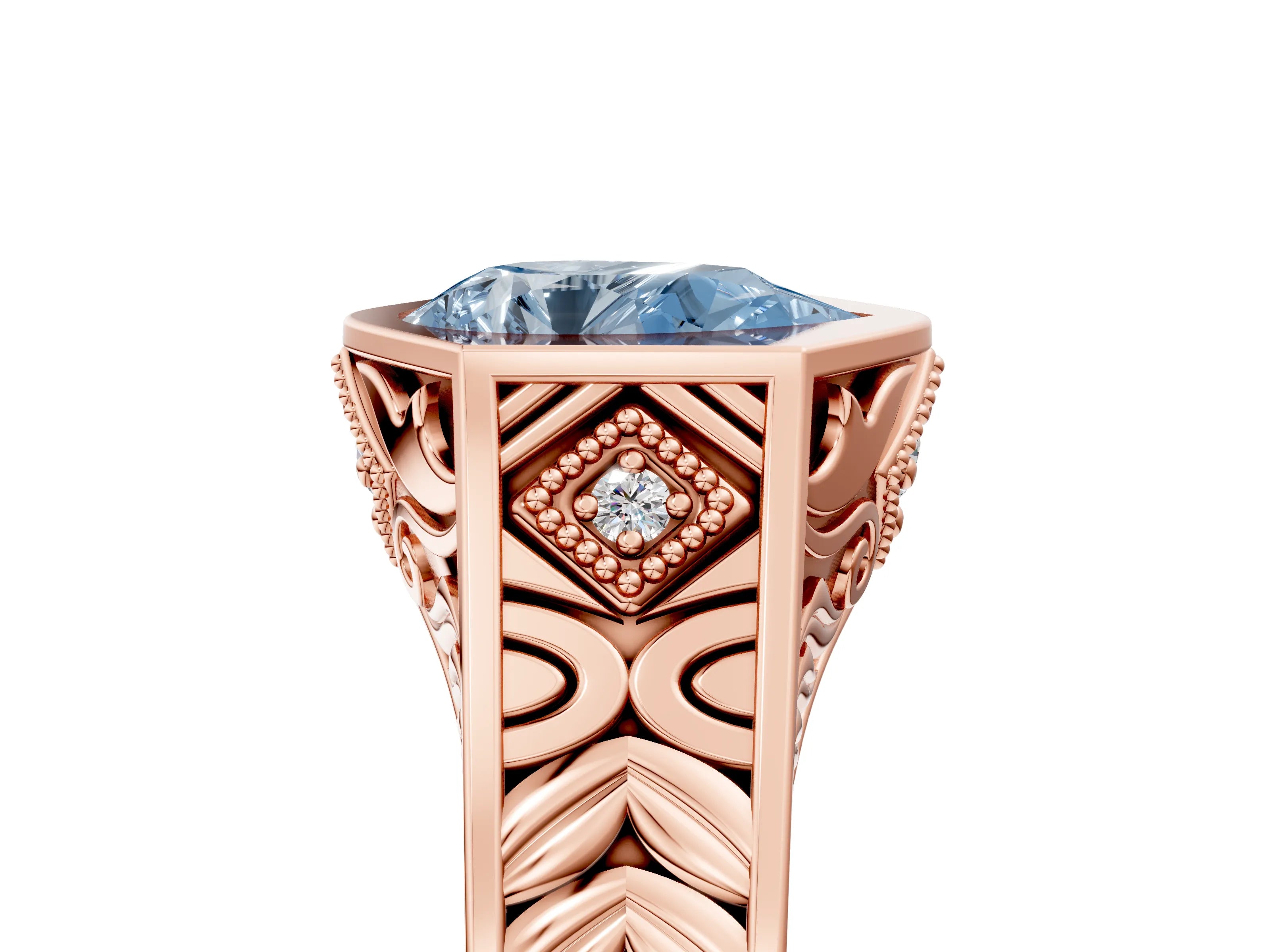 Rose gold Hexagonal Bezel Fancy Blue Pear Cut Diamond Engraved Band Prong Ring_17