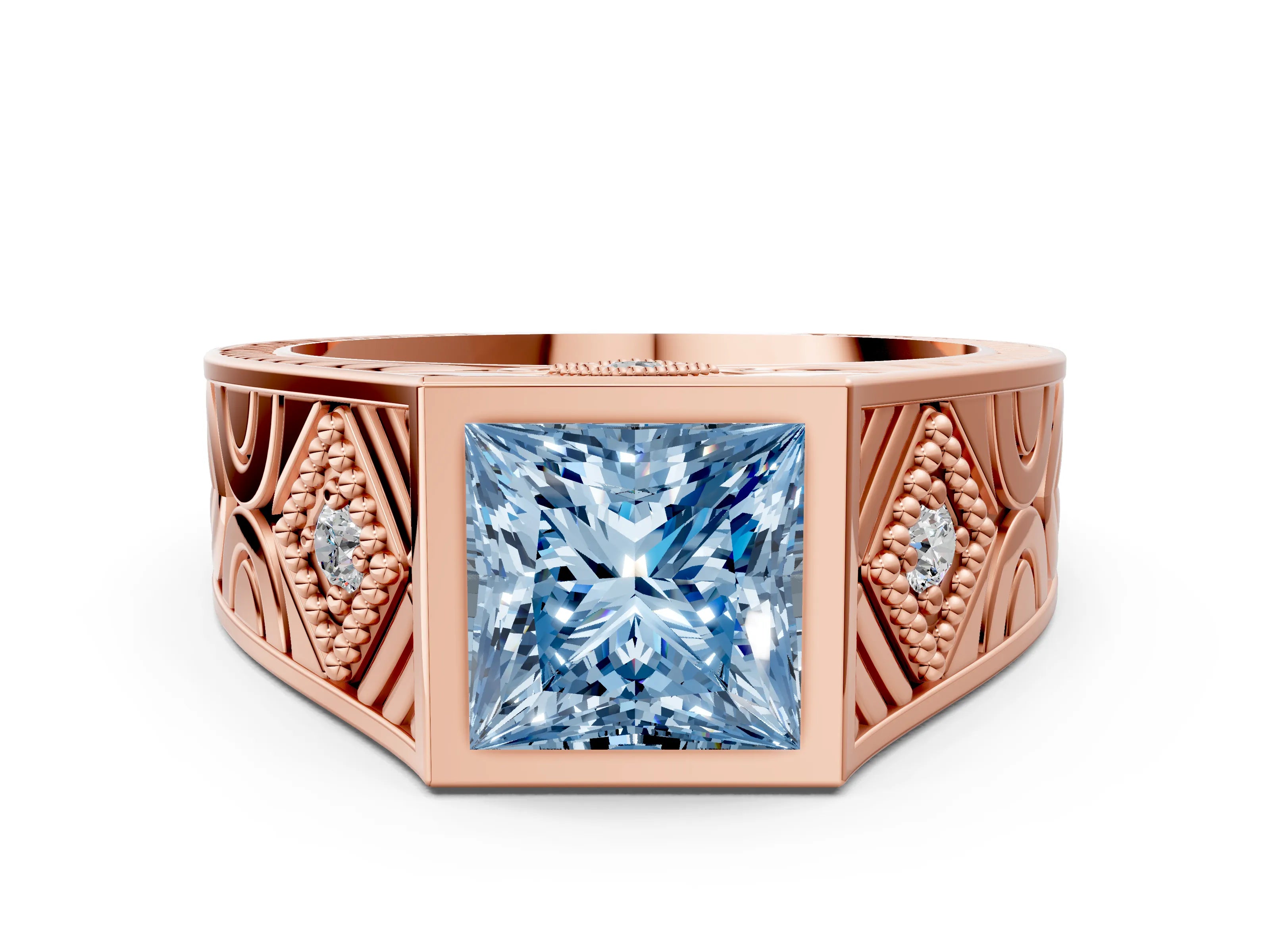 Rose gold Hexagonal Bezel Fancy Blue Princess Cut Diamond Engraved Band Prong Ring