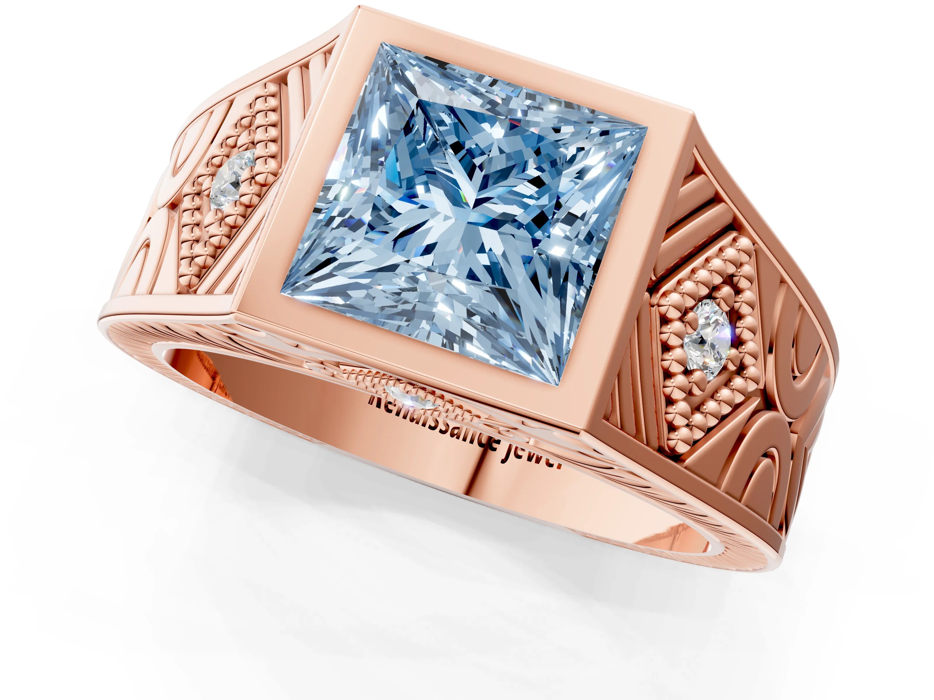 Rose gold Hexagonal Bezel Fancy Blue Princess Cut Diamond Engraved Band Prong Ring_1