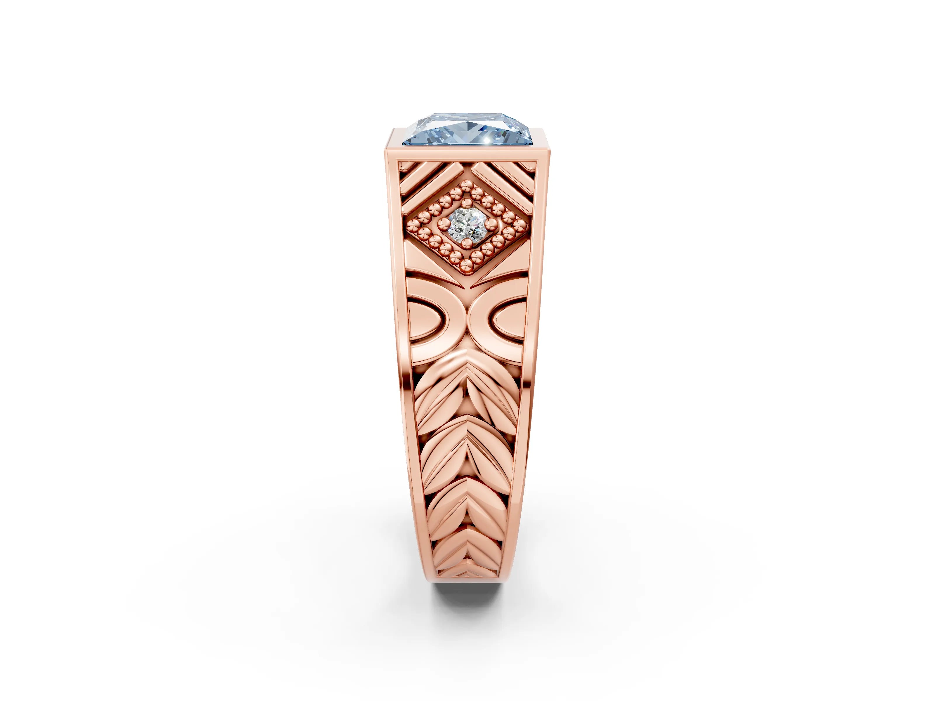 Rose gold Hexagonal Bezel Fancy Blue Princess Cut Diamond Engraved Band Prong Ring_2
