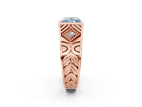 Rose gold Hexagonal Bezel Fancy Blue Princess Cut Diamond Engraved Band Prong Ring_2