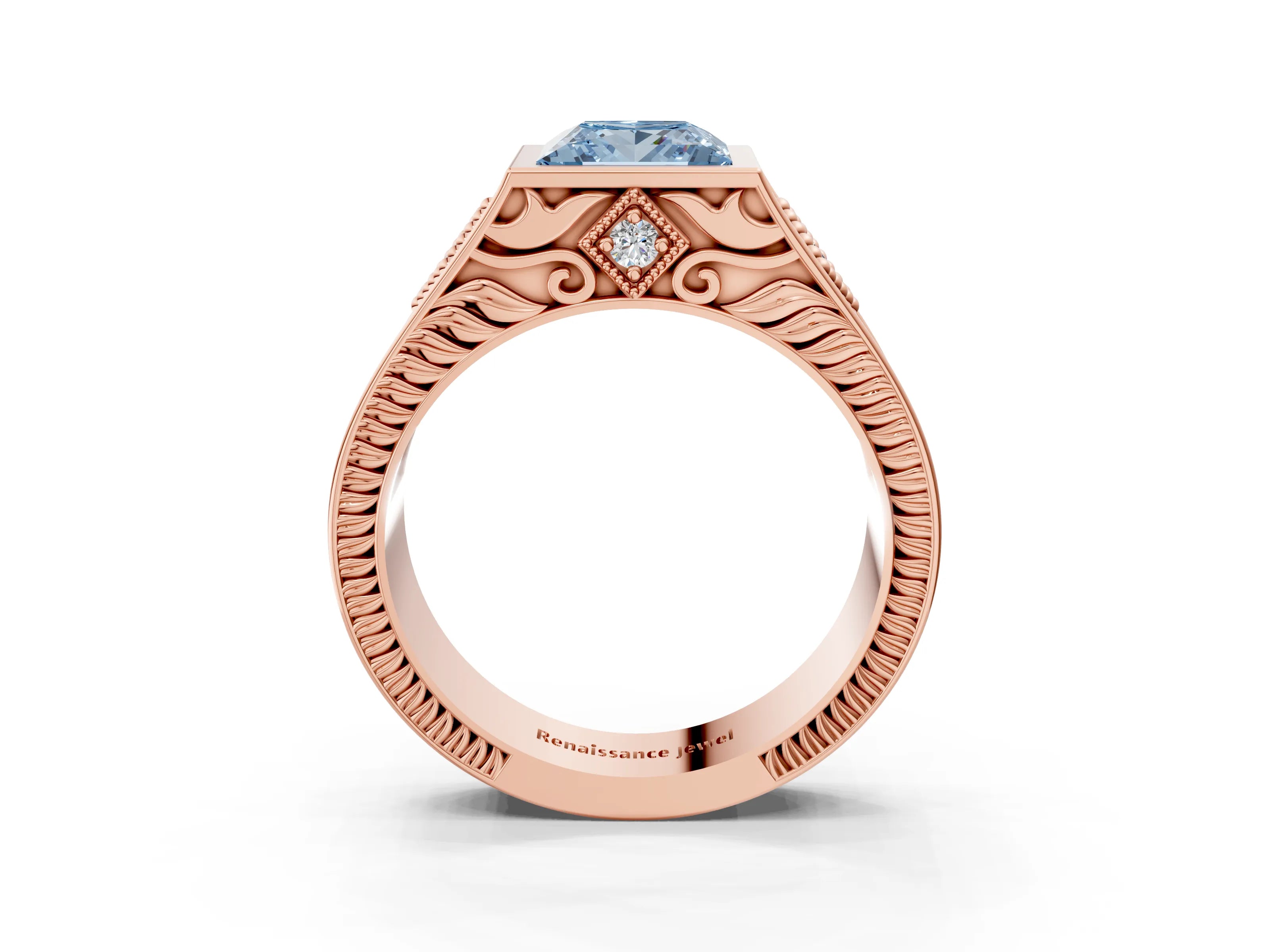 Rose gold Hexagonal Bezel Fancy Blue Princess Cut Diamond Engraved Band Prong Ring_3