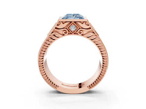 Rose gold Hexagonal Bezel Fancy Blue Princess Cut Diamond Engraved Band Prong Ring_3