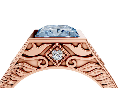 Rose gold Hexagonal Bezel Fancy Blue Princess Cut Diamond Engraved Band Prong Ring_4