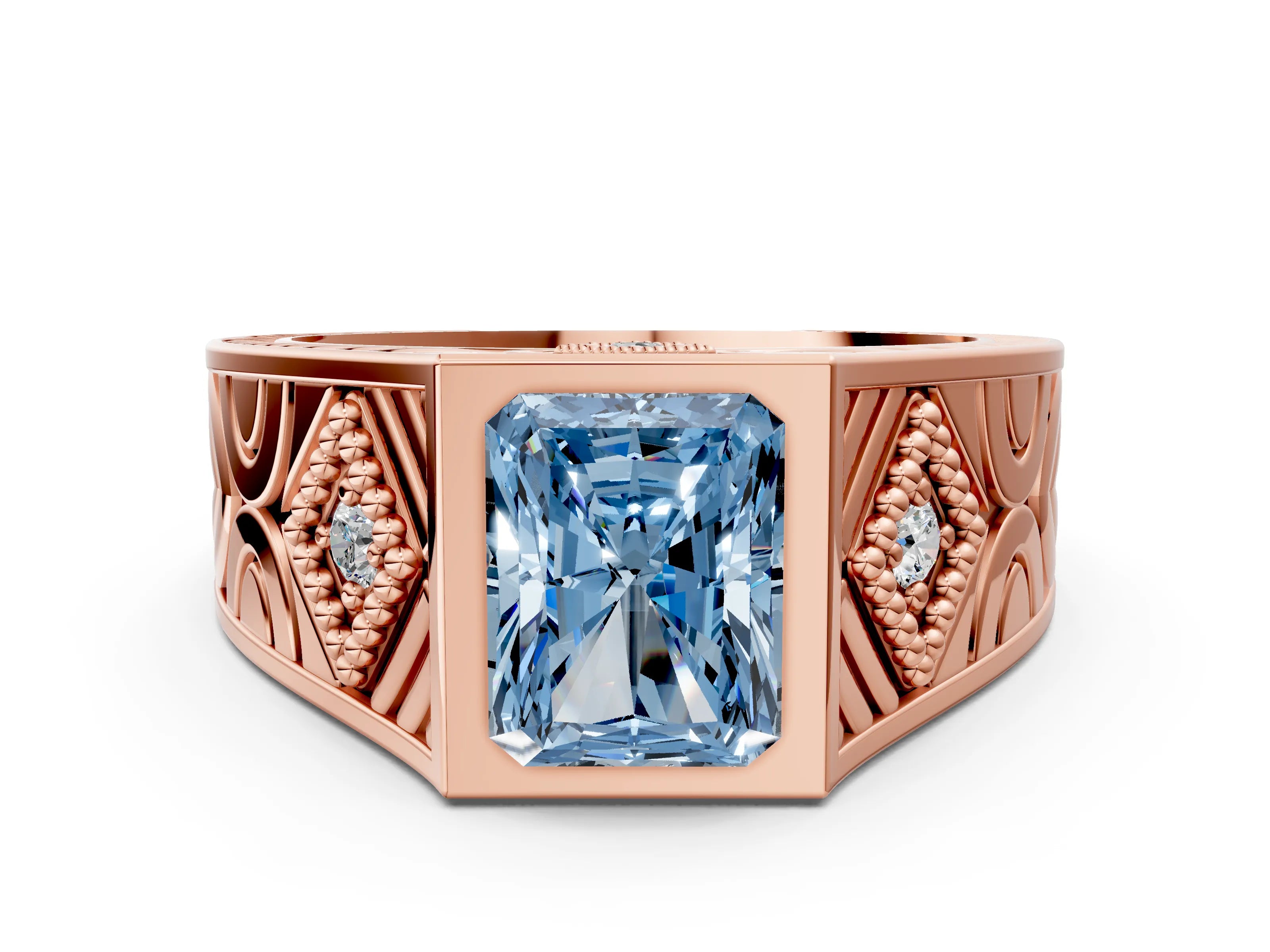 Rose gold Hexagonal Bezel Fancy Blue Radiant Cut Diamond Engraved Band Prong Ring_24