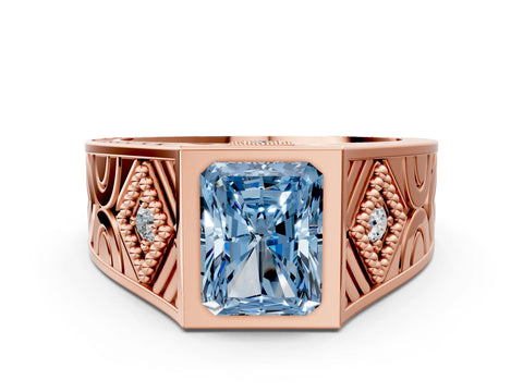 Rose gold Hexagonal Bezel Fancy Blue Radiant Cut Diamond Engraved Band Prong Ring_24