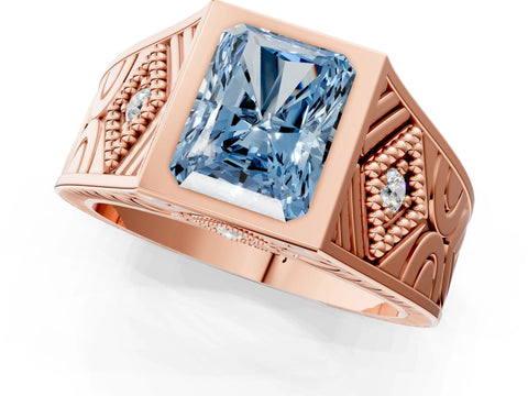 Rose gold Hexagonal Bezel Fancy Blue Radiant Cut Diamond Engraved Band Prong Ring_25
