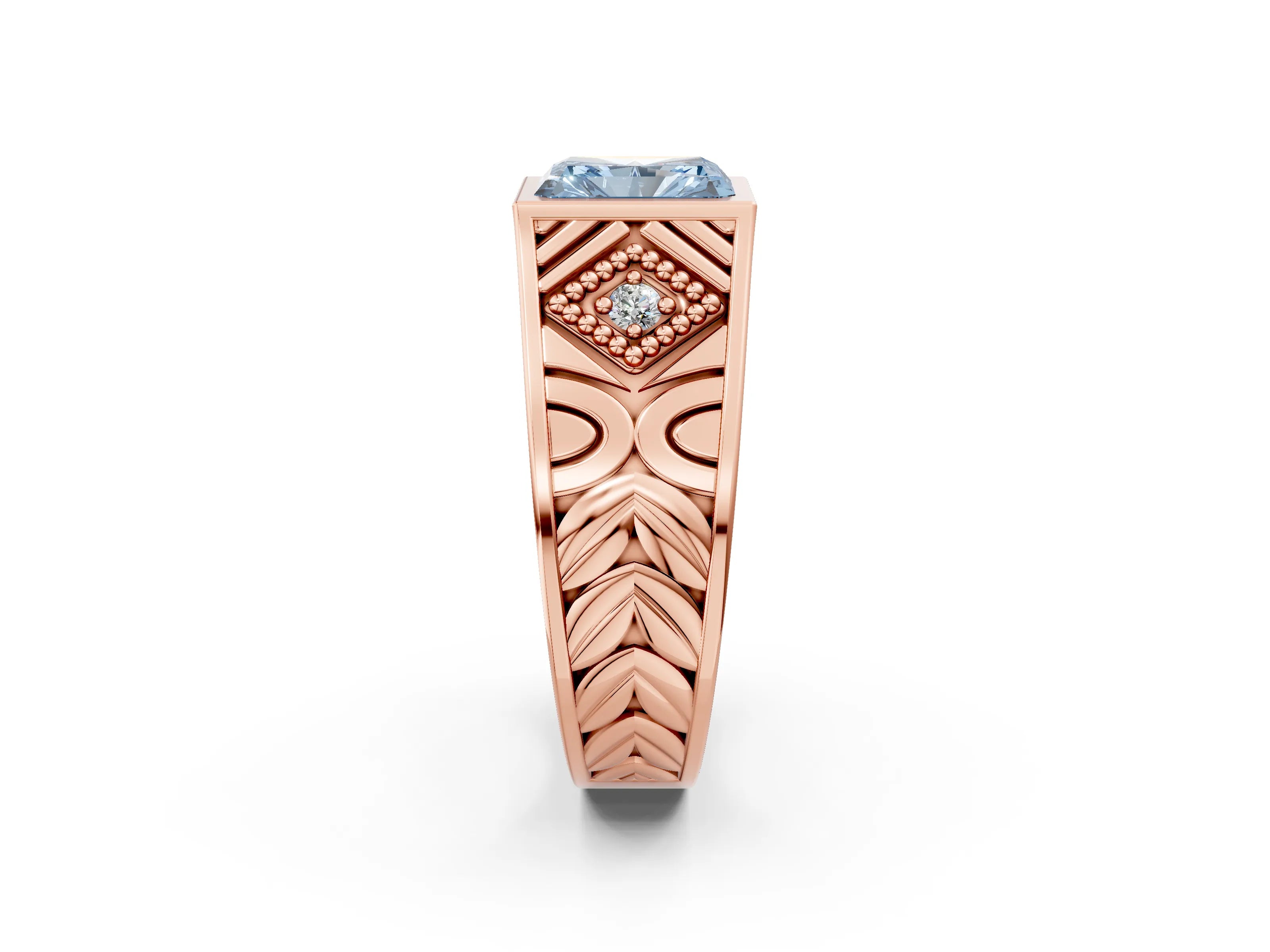 Rose gold Hexagonal Bezel Fancy Blue Radiant Cut Diamond Engraved Band Prong Ring_26