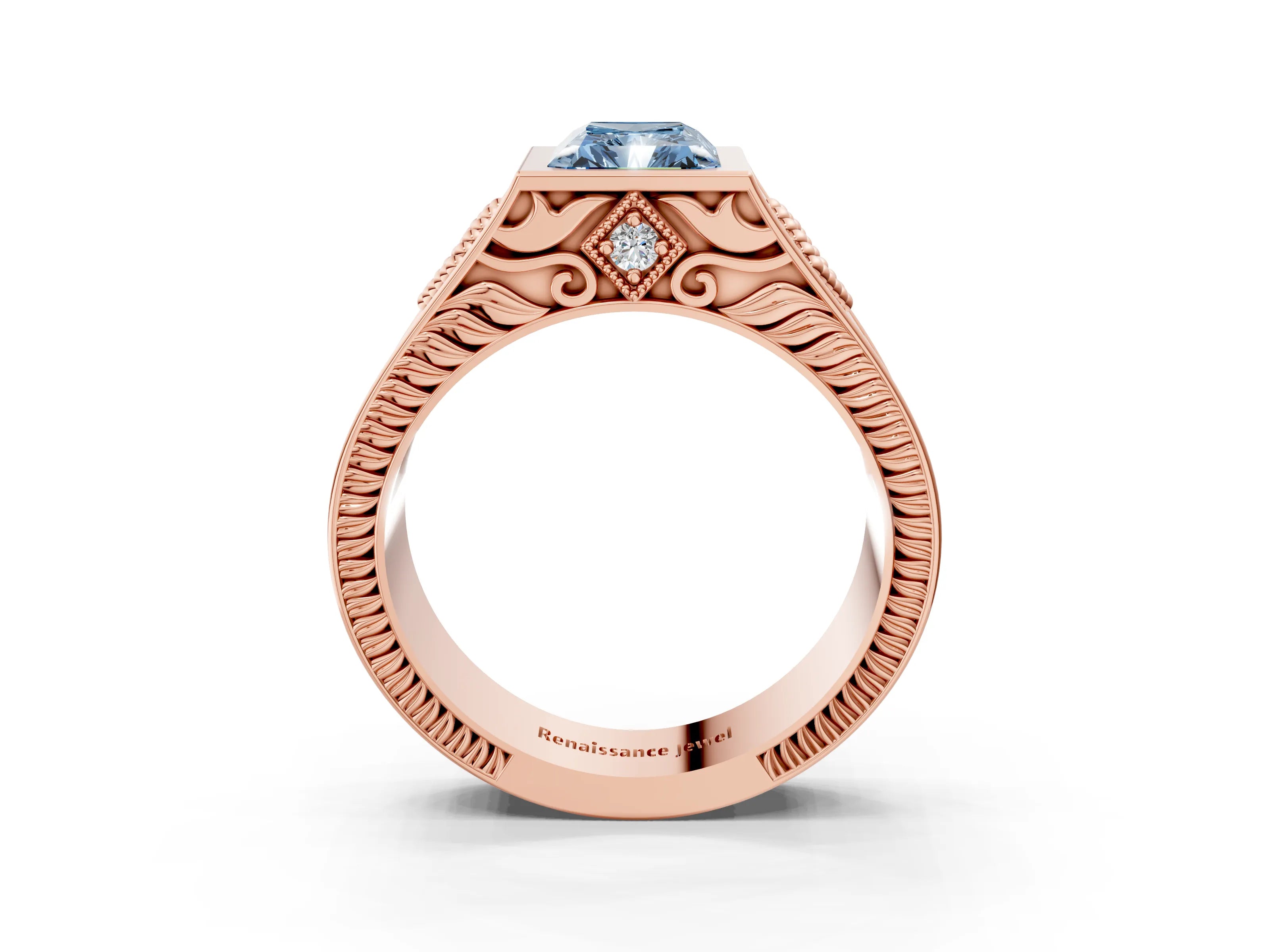 Rose gold Hexagonal Bezel Fancy Blue Radiant Cut Diamond Engraved Band Prong Ring_27