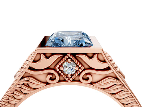 Rose gold Hexagonal Bezel Fancy Blue Radiant Cut Diamond Engraved Band Prong Ring_28