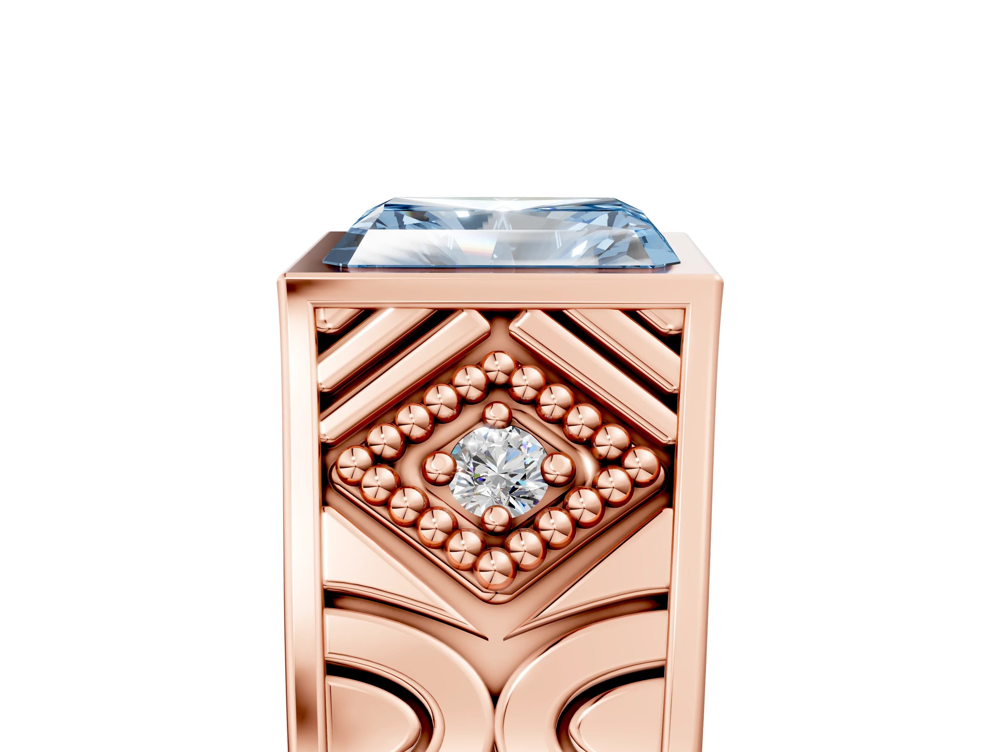 Rose gold Hexagonal Bezel Fancy Blue Radiant Cut Diamond Engraved Band Prong Ring_29
