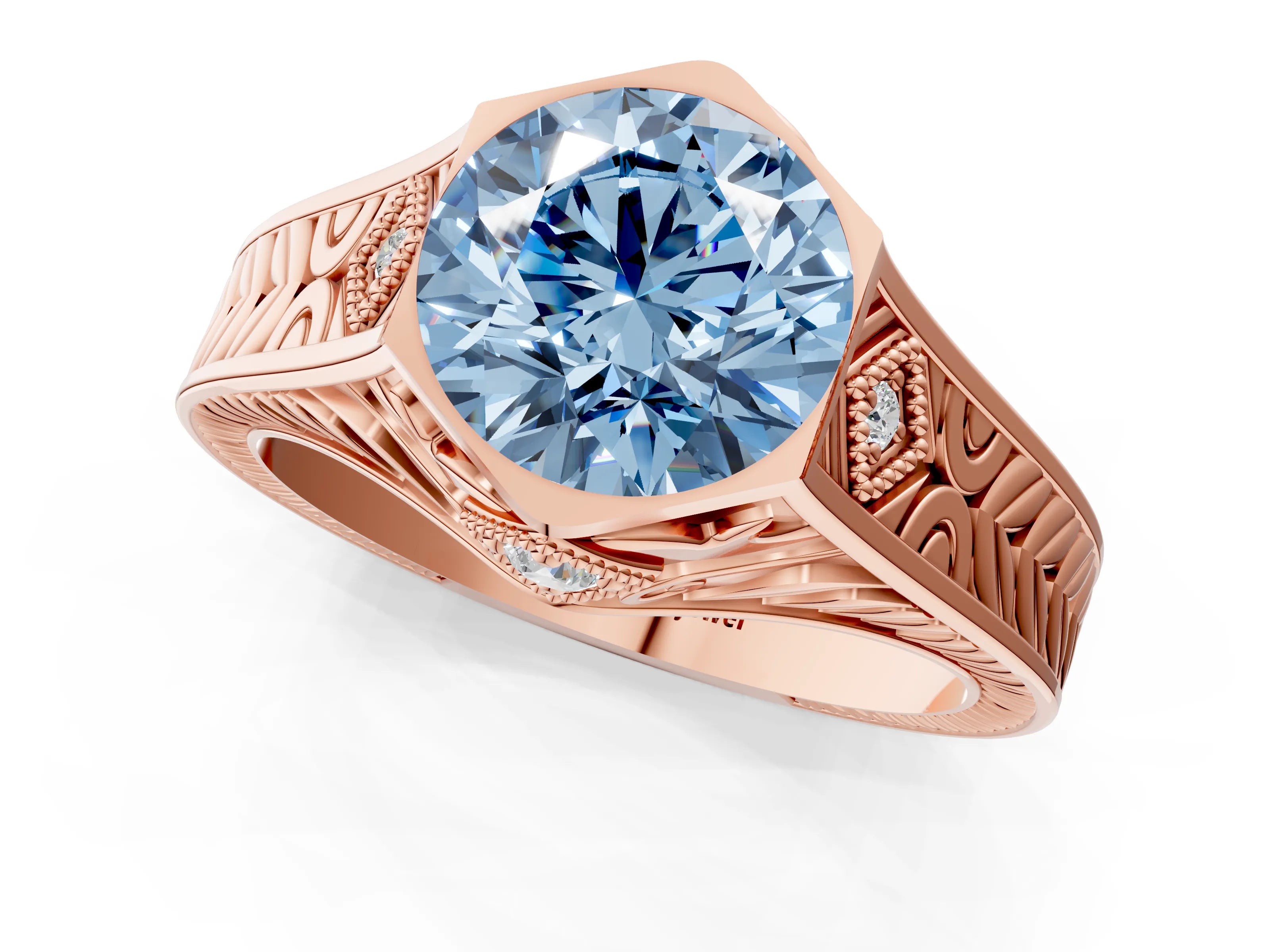 Rose gold Hexagonal Bezel Fancy Blue Round Cut Diamond Engraved Band Prong Ring_1