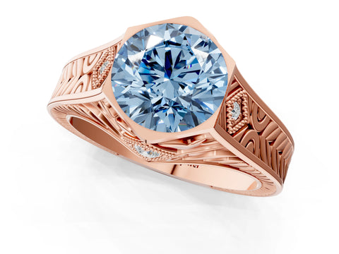 Rose gold Hexagonal Bezel Fancy Blue Round Cut Diamond Engraved Band Prong Ring_1