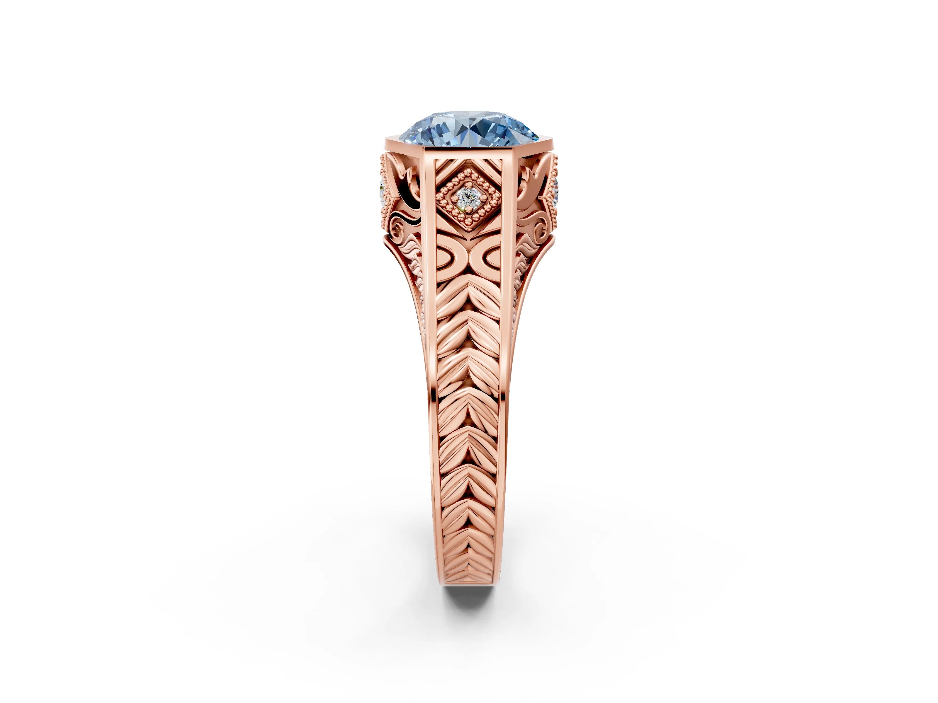 Rose gold Hexagonal Bezel Fancy Blue Round Cut Diamond Engraved Band Prong Ring_2