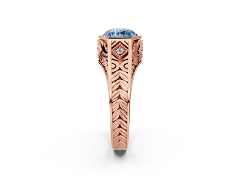 Rose gold Hexagonal Bezel Fancy Blue Round Cut Diamond Engraved Band Prong Ring_2