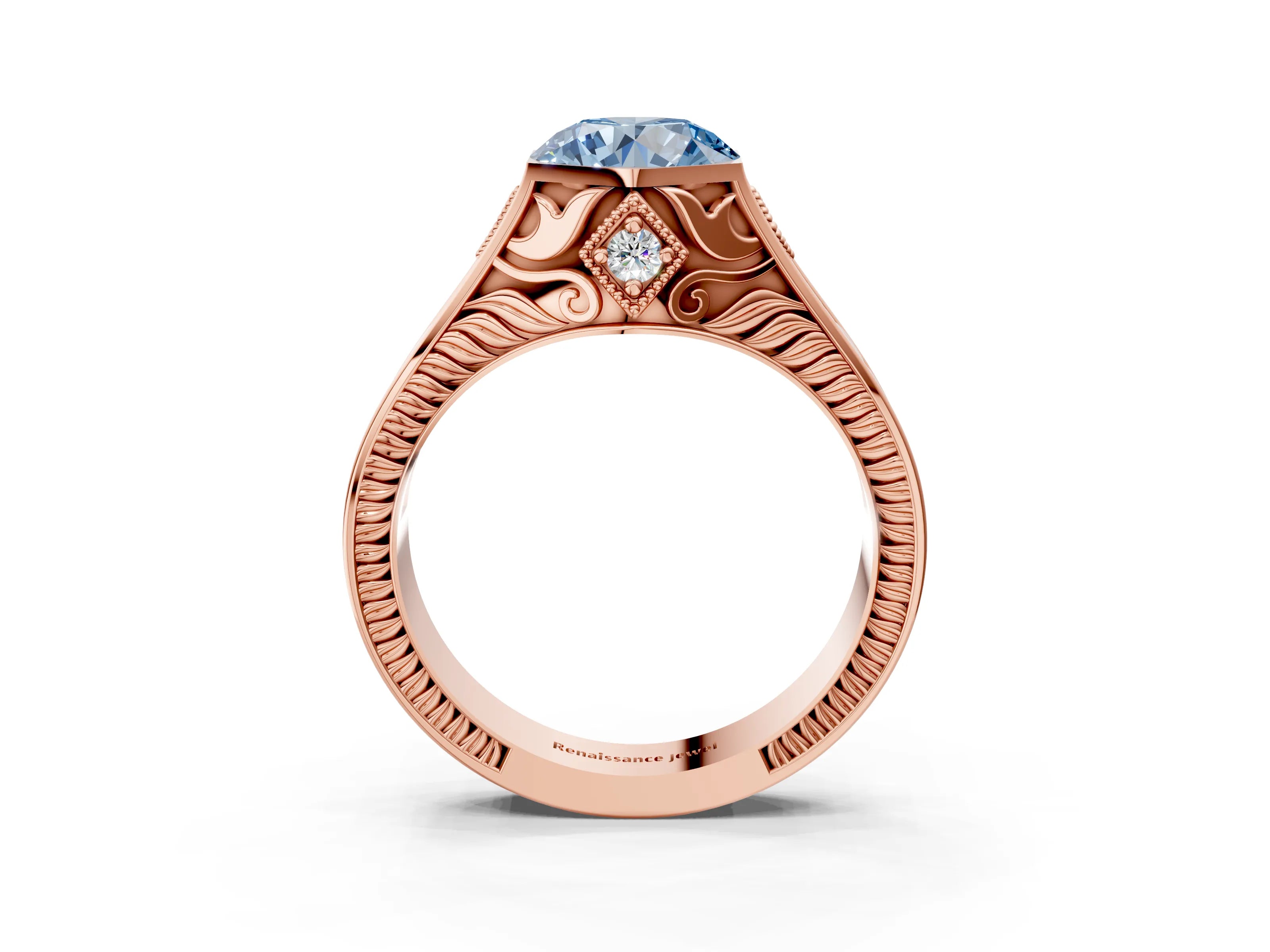 Rose gold Hexagonal Bezel Fancy Blue Round Cut Diamond Engraved Band Prong Ring_3