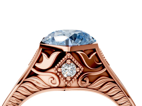 Rose gold Hexagonal Bezel Fancy Blue Round Cut Diamond Engraved Band Prong Ring_4