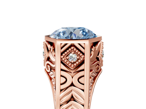 Rose gold Hexagonal Bezel Fancy Blue Round Cut Diamond Engraved Band Prong Ring_5