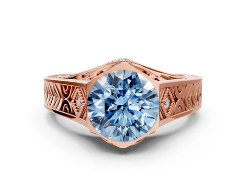 Rose gold Hexagonal Bezel Fancy Blue Round Cut Diamond Engraved Band Prong Ring