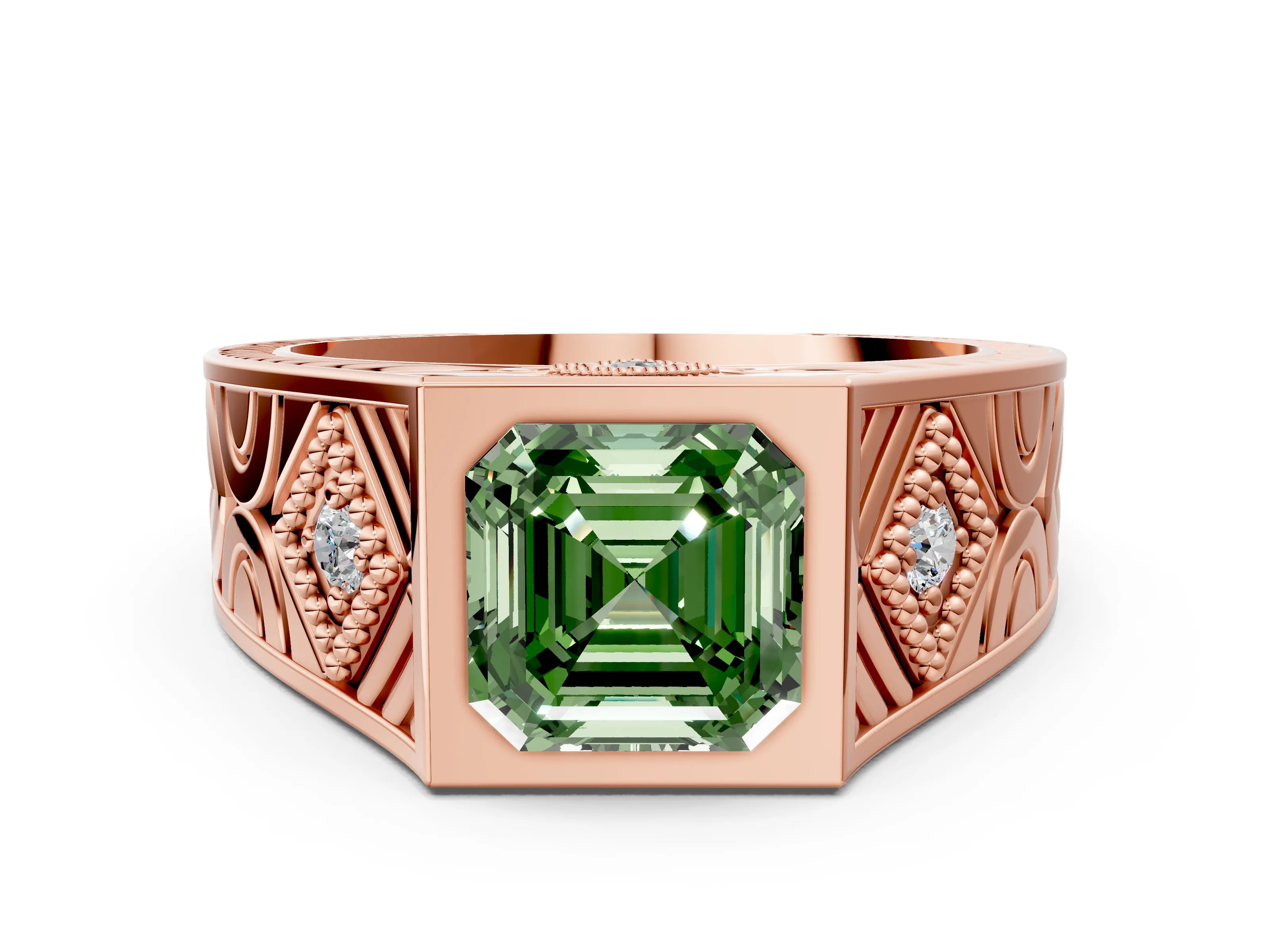 Rose gold Hexagonal Bezel Fancy Green Asscher Cut Diamond Engraved Band Prong Ring