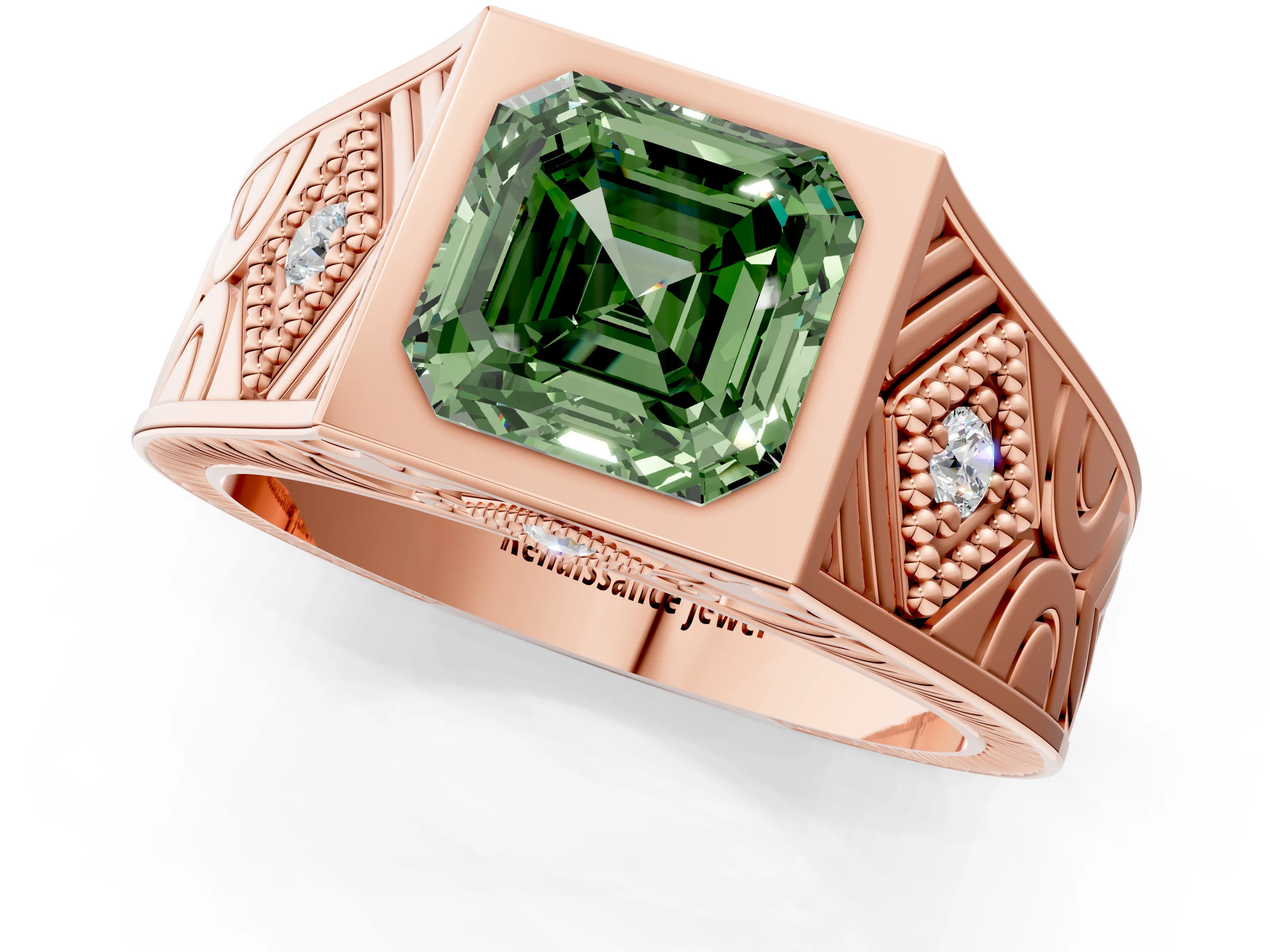 Rose gold Hexagonal Bezel Fancy Green Asscher Cut Diamond Engraved Band Prong Ring_1