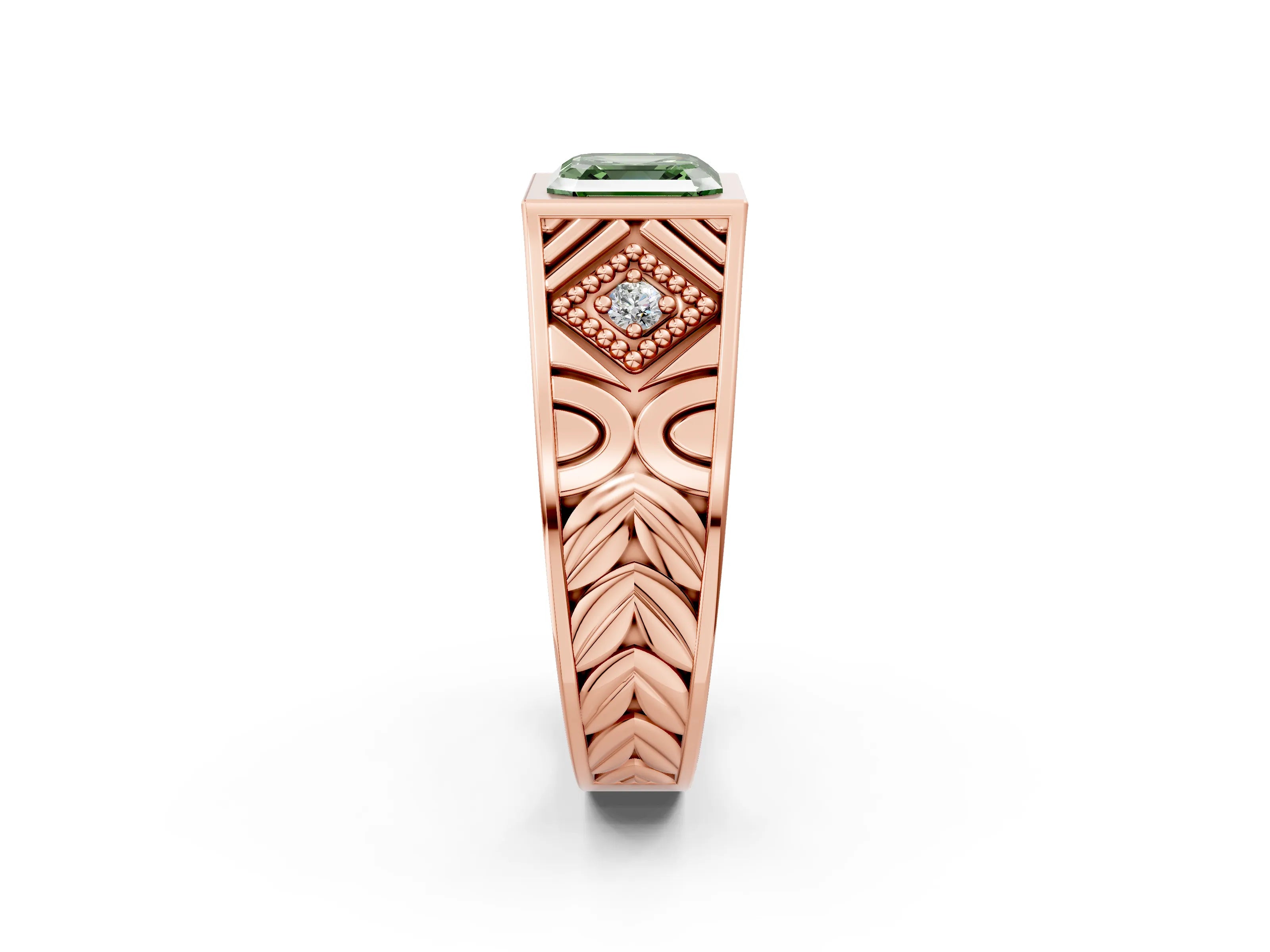 Rose gold Hexagonal Bezel Fancy Green Asscher Cut Diamond Engraved Band Prong Ring_2