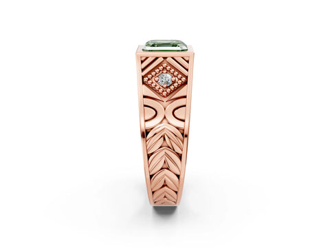 Rose gold Hexagonal Bezel Fancy Green Asscher Cut Diamond Engraved Band Prong Ring_2