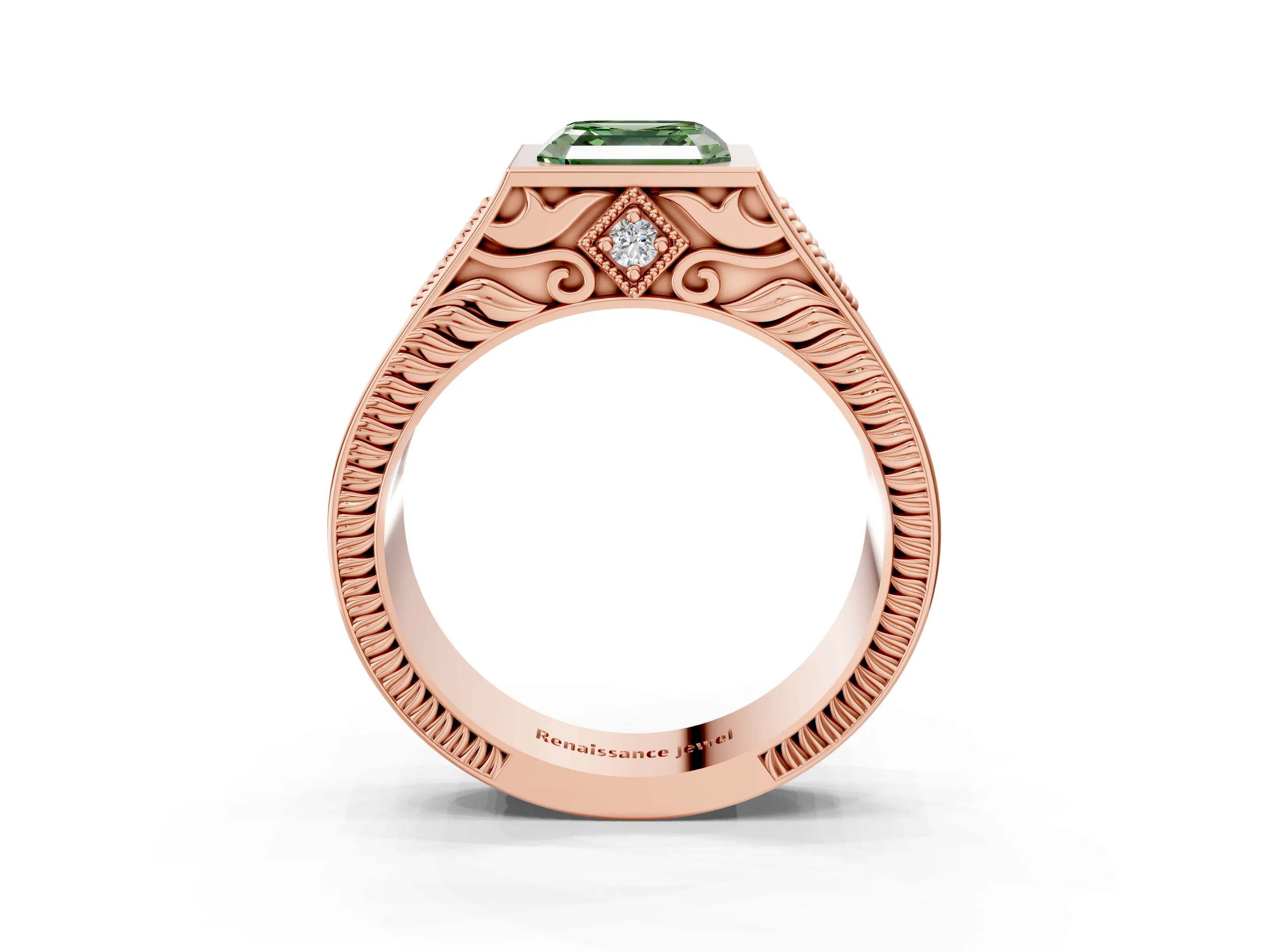 Rose gold Hexagonal Bezel Fancy Green Asscher Cut Diamond Engraved Band Prong Ring_3