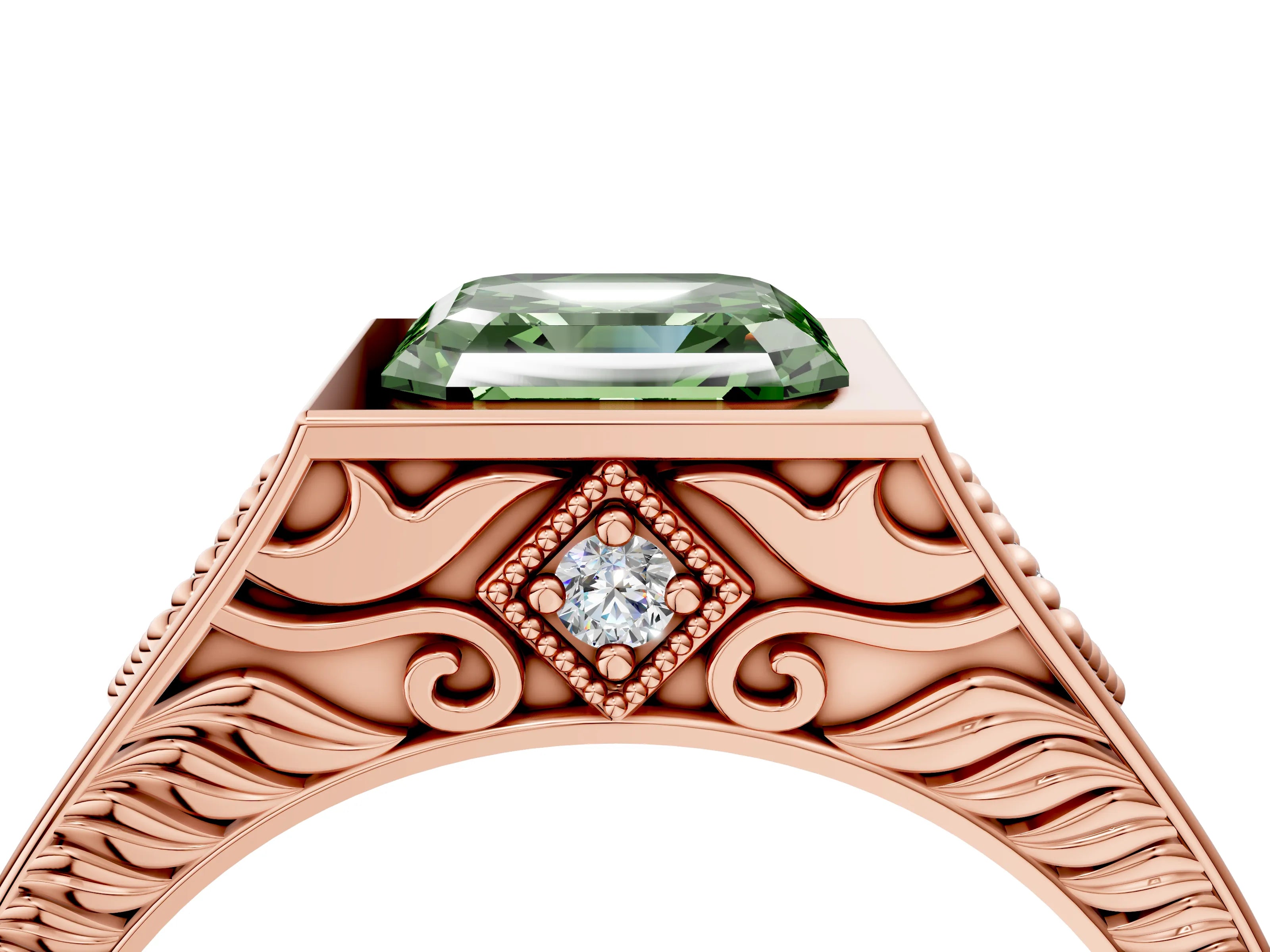 Rose gold Hexagonal Bezel Fancy Green Asscher Cut Diamond Engraved Band Prong Ring_4