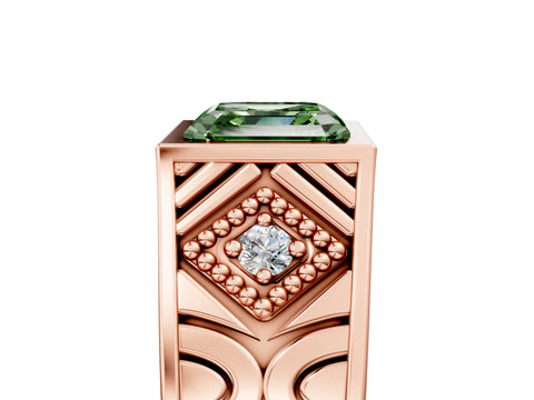 Rose gold Hexagonal Bezel Fancy Green Asscher Cut Diamond Engraved Band Prong Ring_5