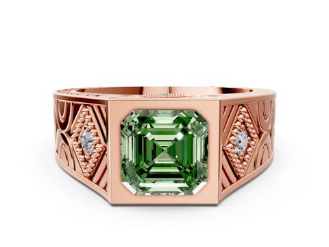 Rose gold Hexagonal Bezel Fancy Green Asscher Cut Diamond Engraved Band Prong Ring