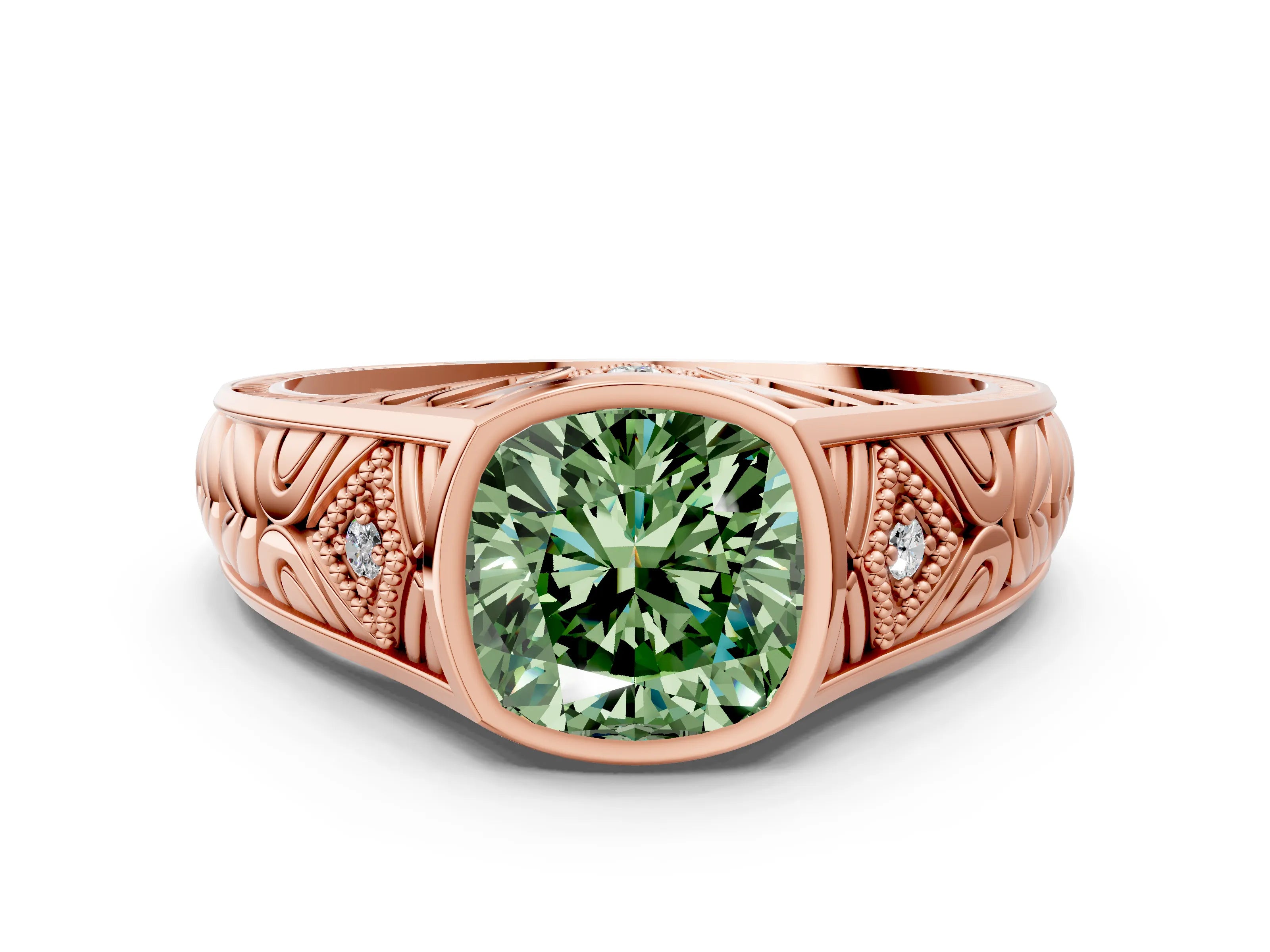 Rose gold Hexagonal Bezel Fancy Green Cushion Cut Diamond Engraved Band Prong Ring