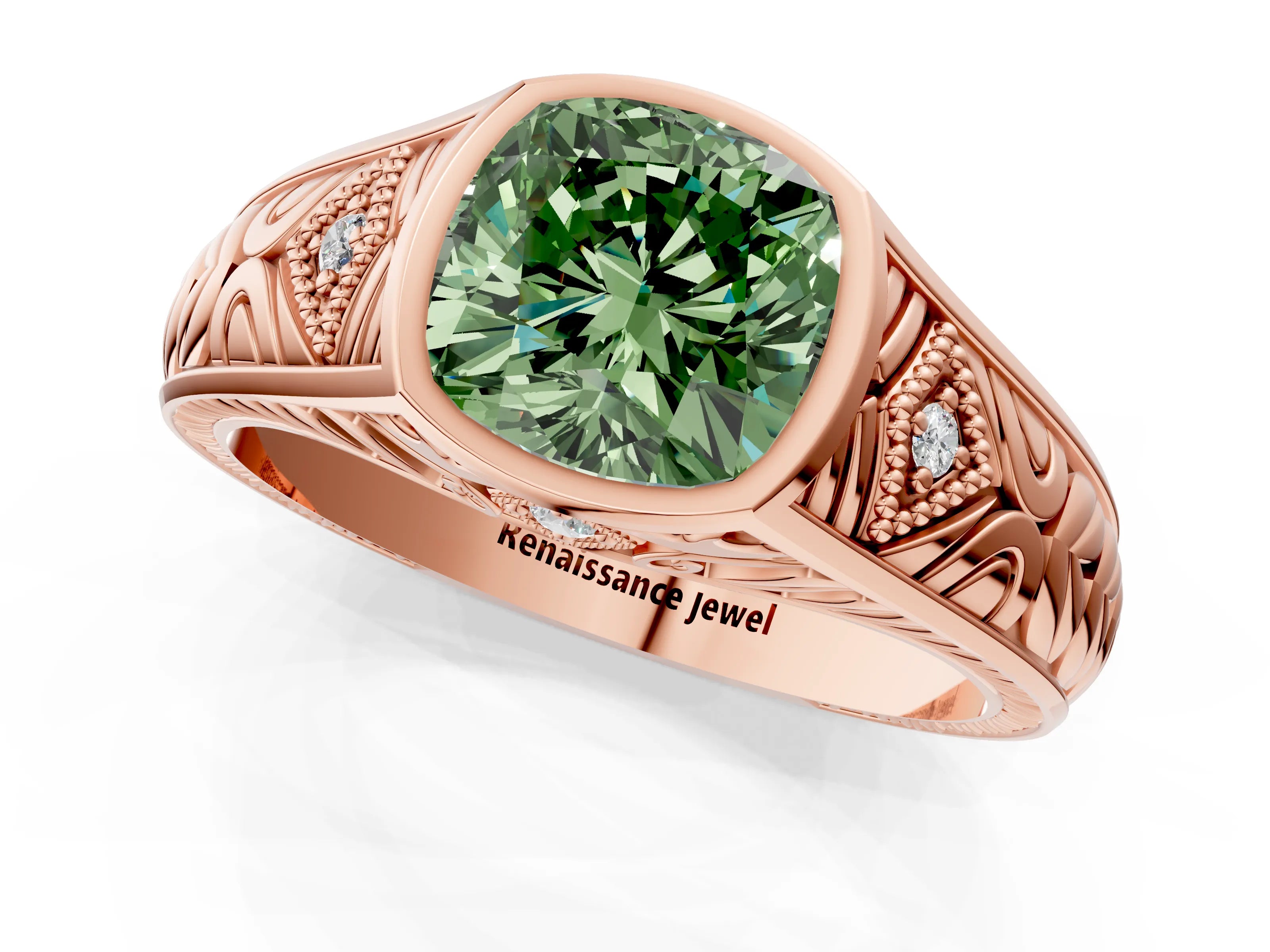 Rose gold Hexagonal Bezel Fancy Green Cushion Cut Diamond Engraved Band Prong Ring_1