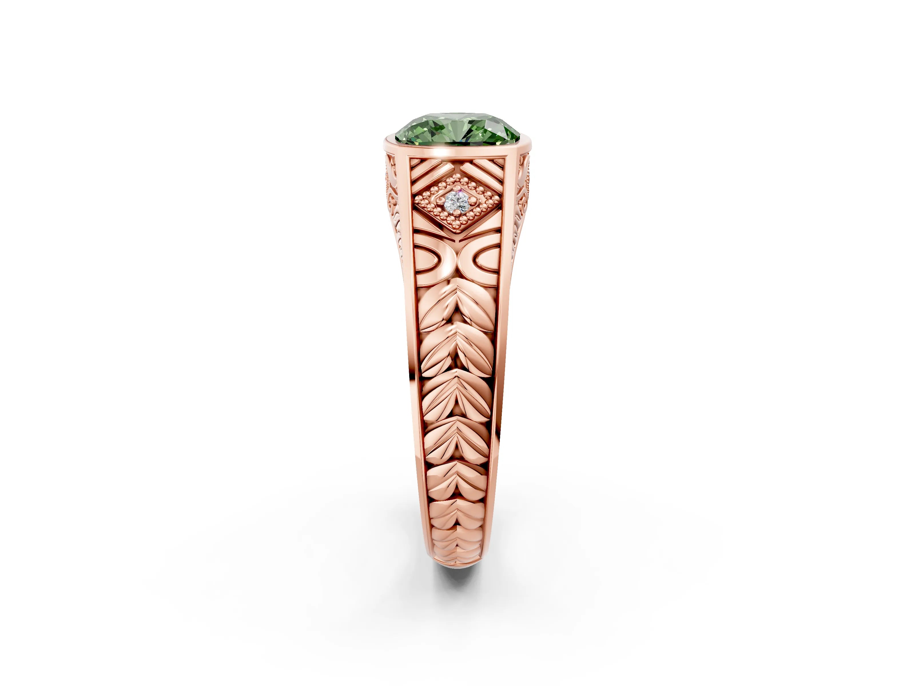 Rose gold Hexagonal Bezel Fancy Green Cushion Cut Diamond Engraved Band Prong Ring_2