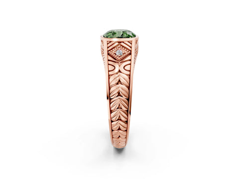 Rose gold Hexagonal Bezel Fancy Green Cushion Cut Diamond Engraved Band Prong Ring_2