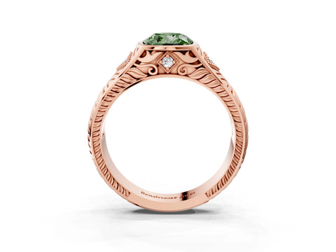 Rose gold Hexagonal Bezel Fancy Green Cushion Cut Diamond Engraved Band Prong Ring_3