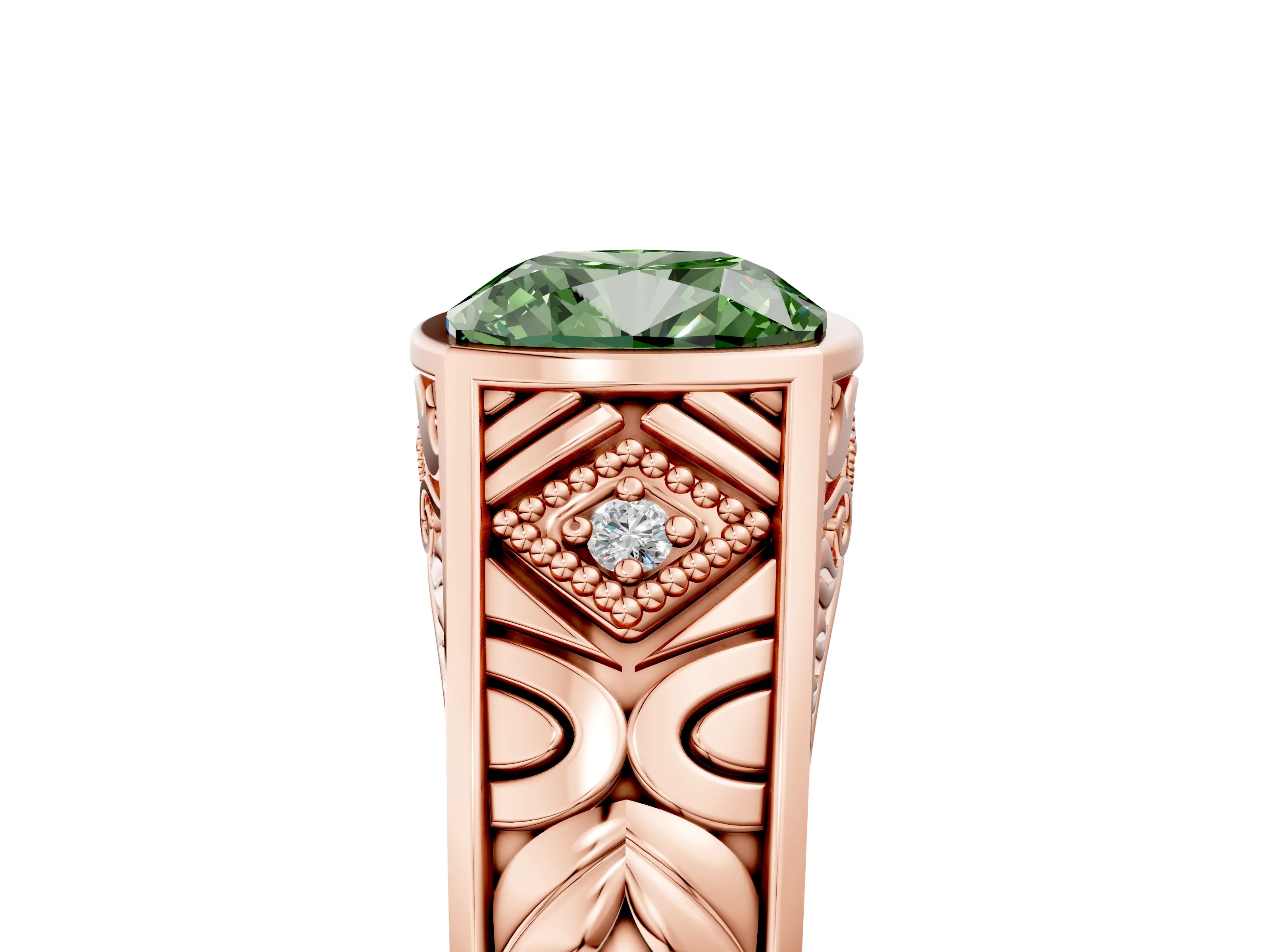 Rose gold Hexagonal Bezel Fancy Green Cushion Cut Diamond Engraved Band Prong Ring_5