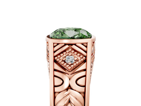 Rose gold Hexagonal Bezel Fancy Green Cushion Cut Diamond Engraved Band Prong Ring_5